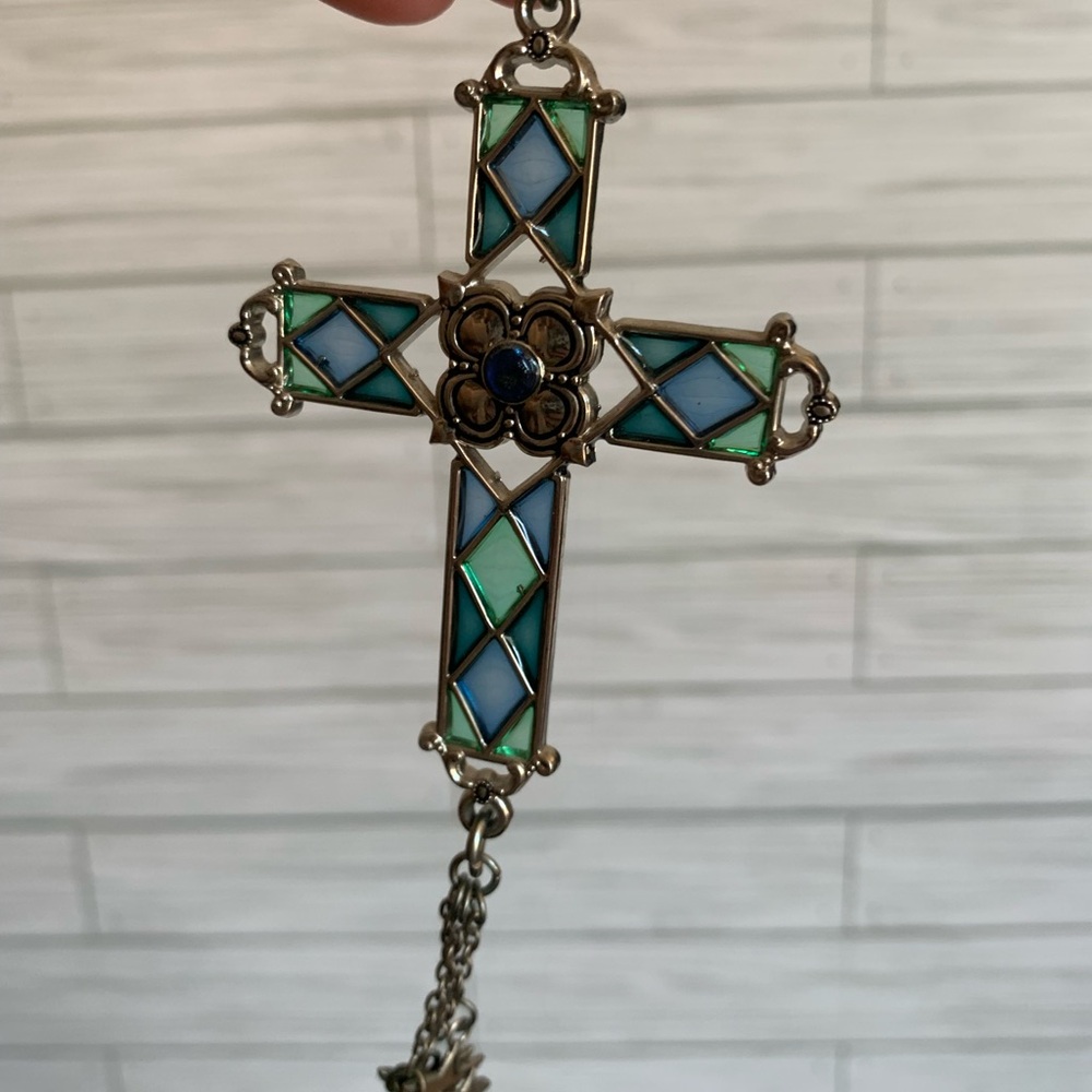 -Inspired Green and Blue Stained Glass Cross car mirror Hanging decor - Picture 2 of 2